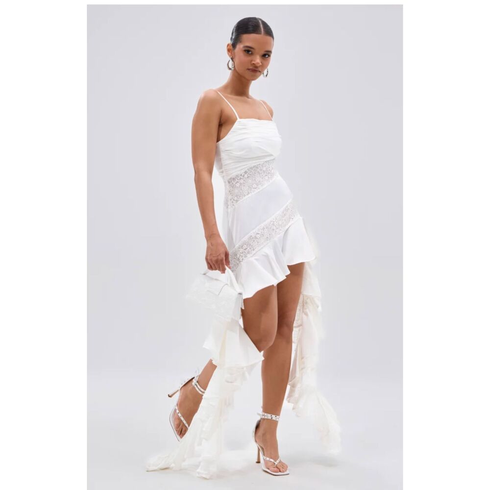 AKIRA White Satin Lace Mini Dress Ruffle Side Trains Bridal Prom Size L NWT - Picture 2 of 14